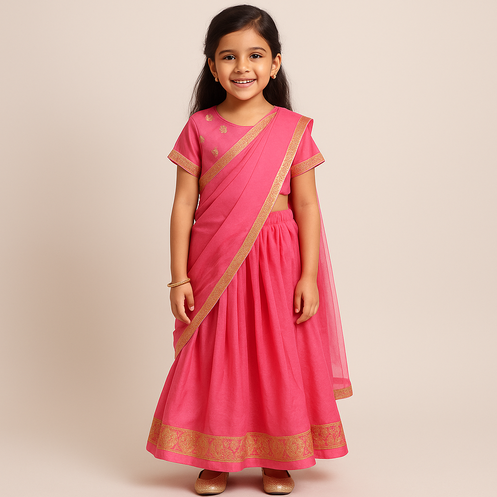 Girls Saree Style Dress (0–14 Years) | Pre-Stitched Indian Ethnic Wear for Kids